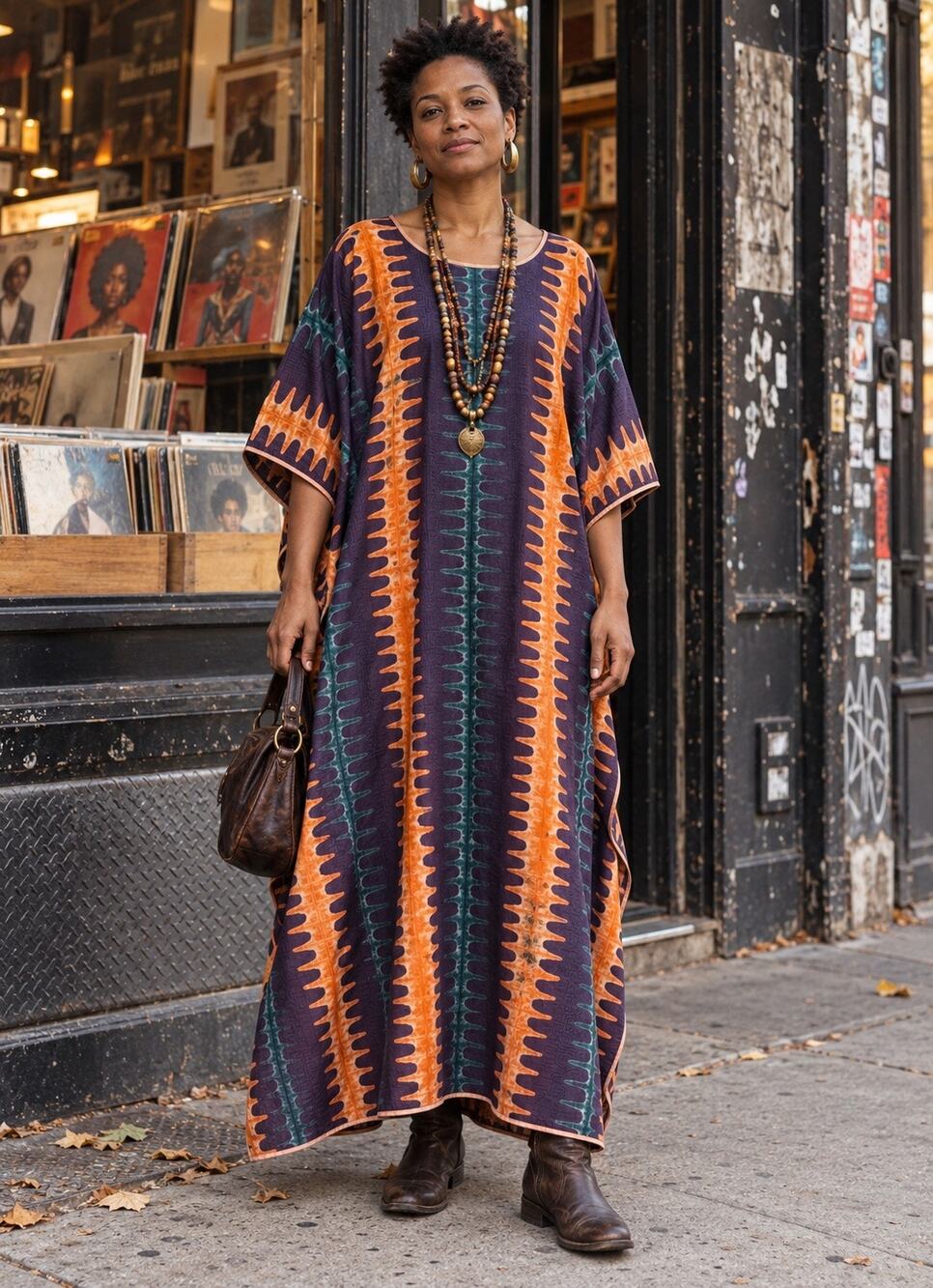 African Hand-Dyed Kaftan Maxi Dress Purple Orange Teal Boho One Size